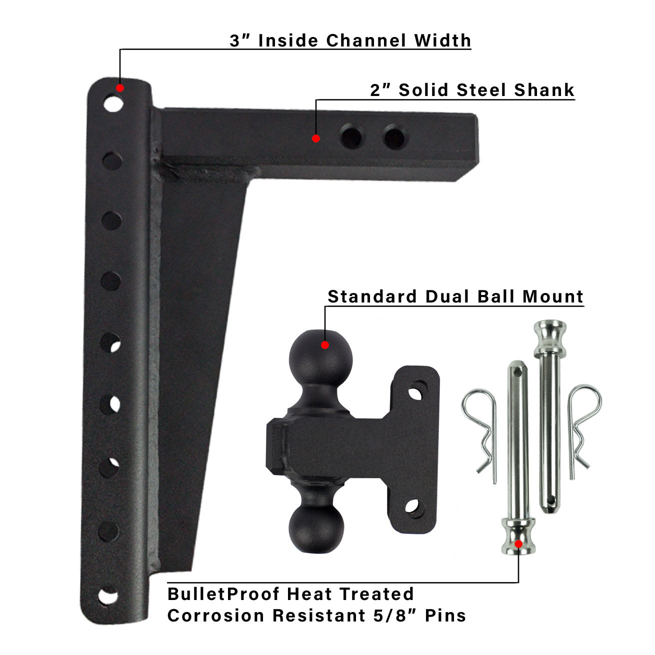 2.0" Heavy Duty Adjustable Trailer Hitch - 12" Drop/Rise