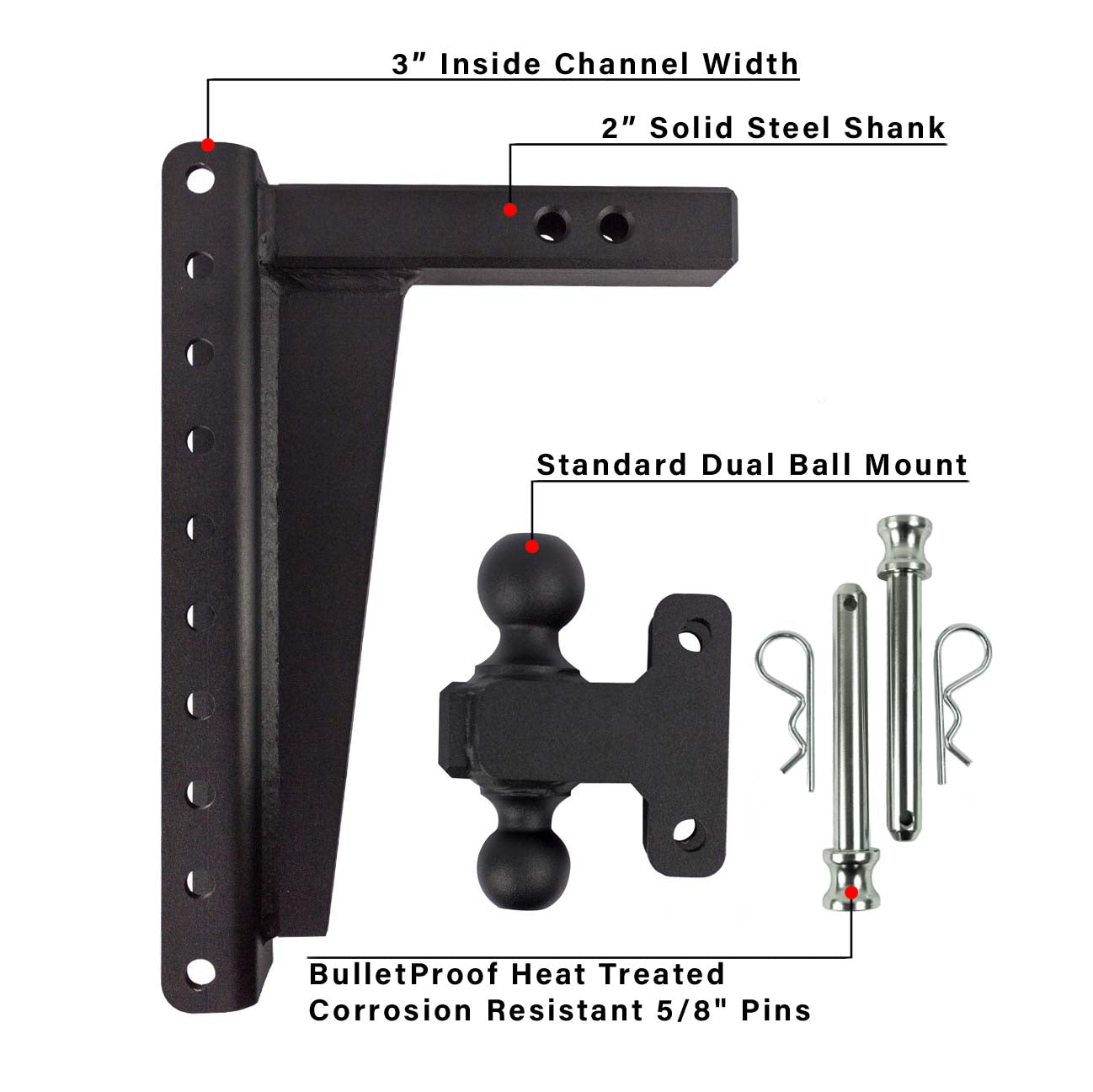 2.0" Heavy Duty Adjustable Trailer Hitch - 14" Drop/Rise
