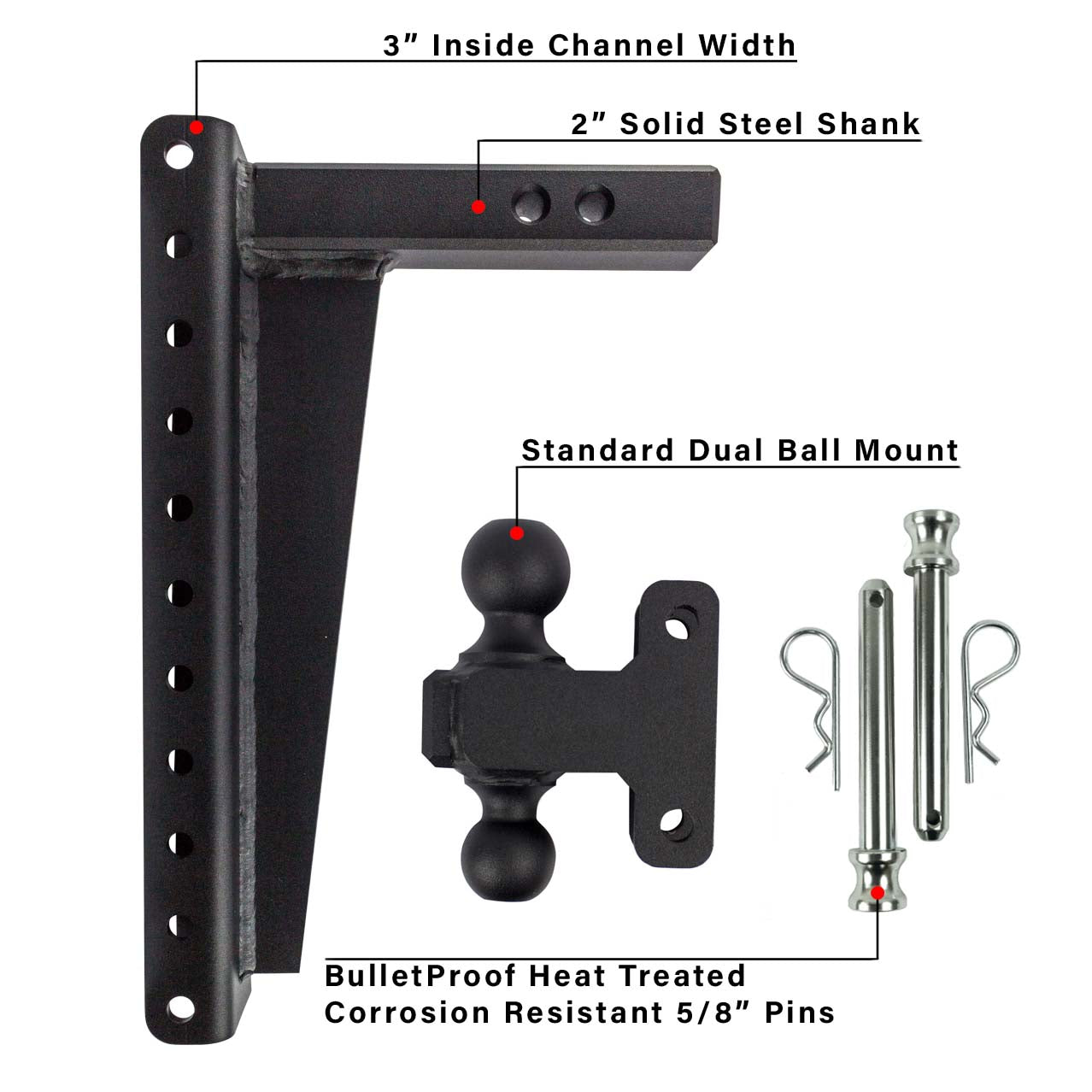 2.0" Heavy Duty Adjustable Trailer Hitch - 16" Drop/Rise