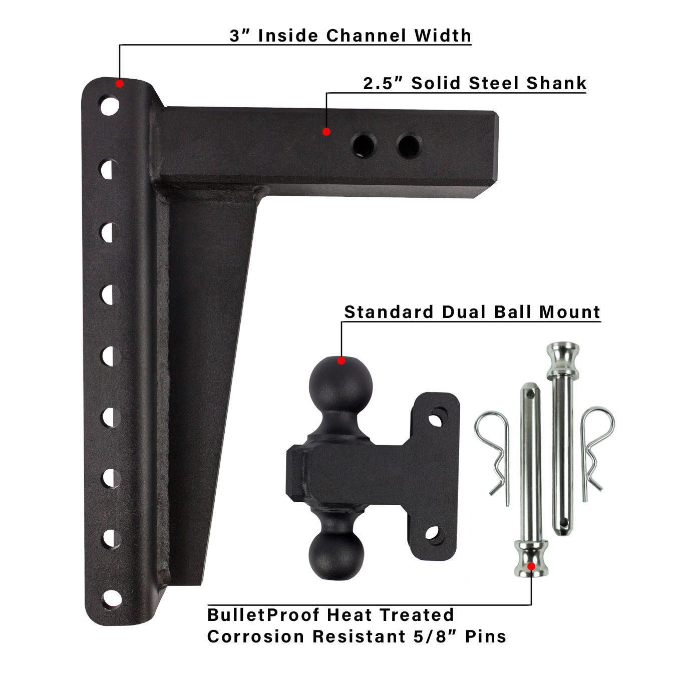 2.5" Heavy Duty Adjustable Trailer Hitch - 12" Drop/Rise