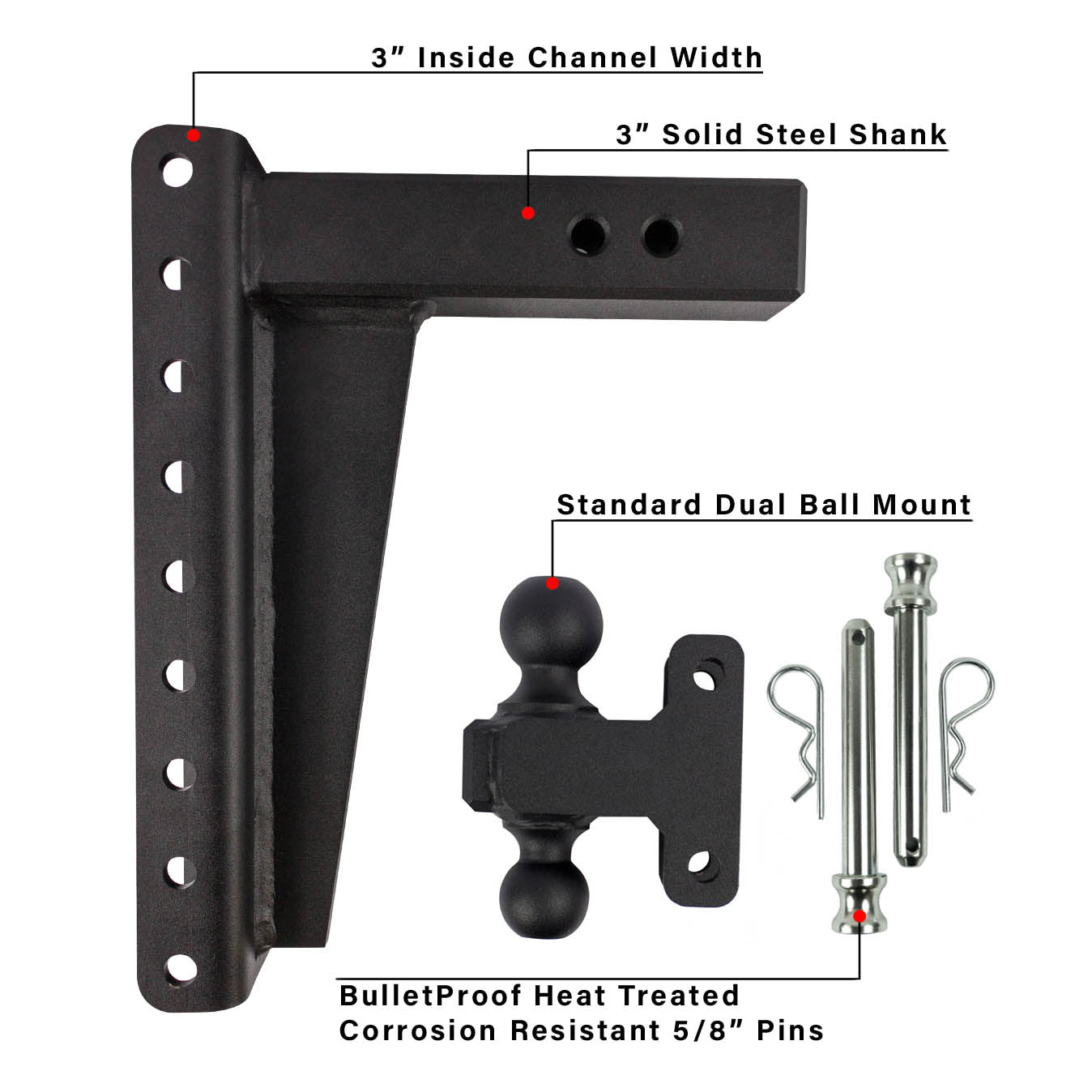 3.0" Heavy Duty Adjustable Trailer Hitch - 12" Drop/Rise