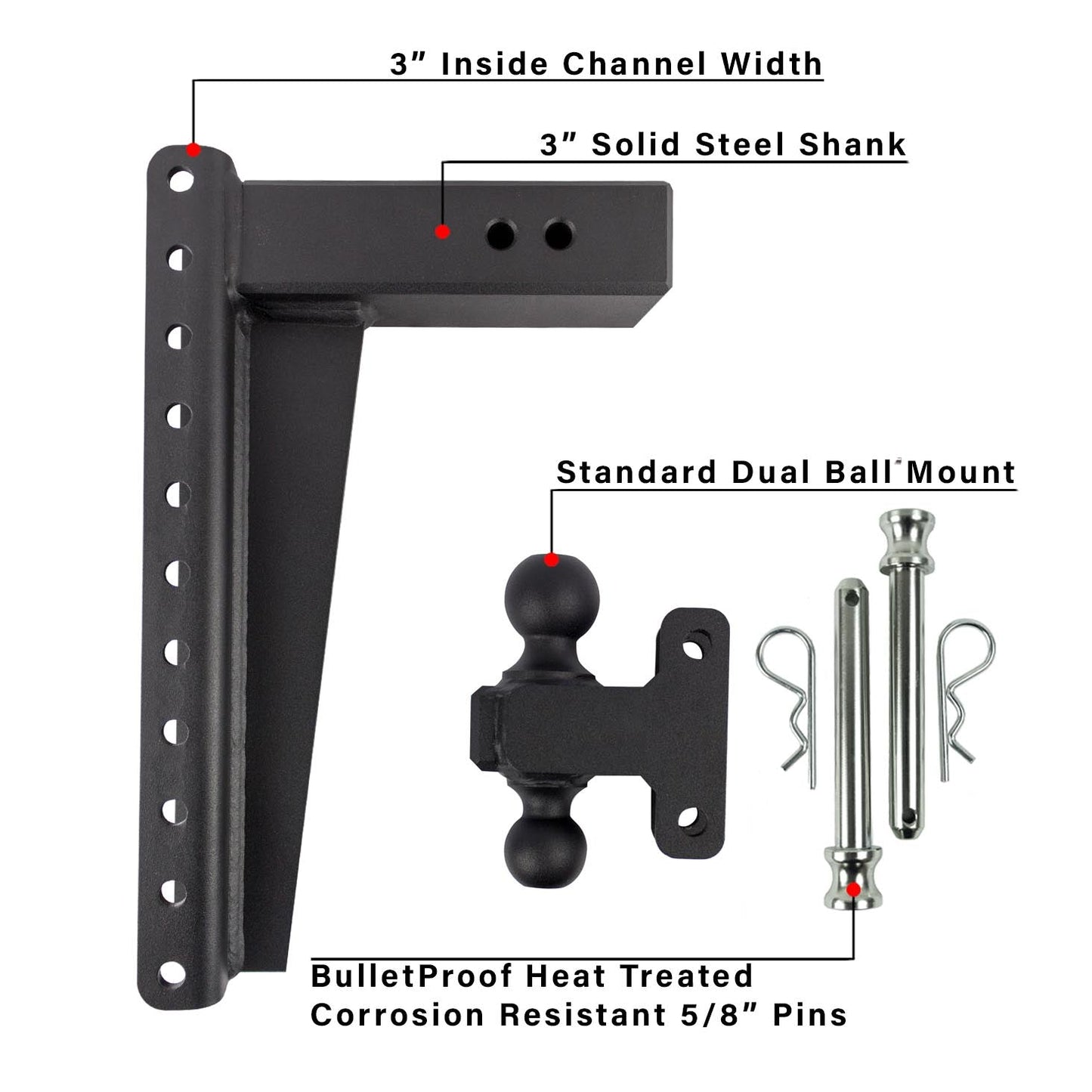 3.0" Heavy Duty Adjustable Trailer Hitch - 16" Drop/Rise