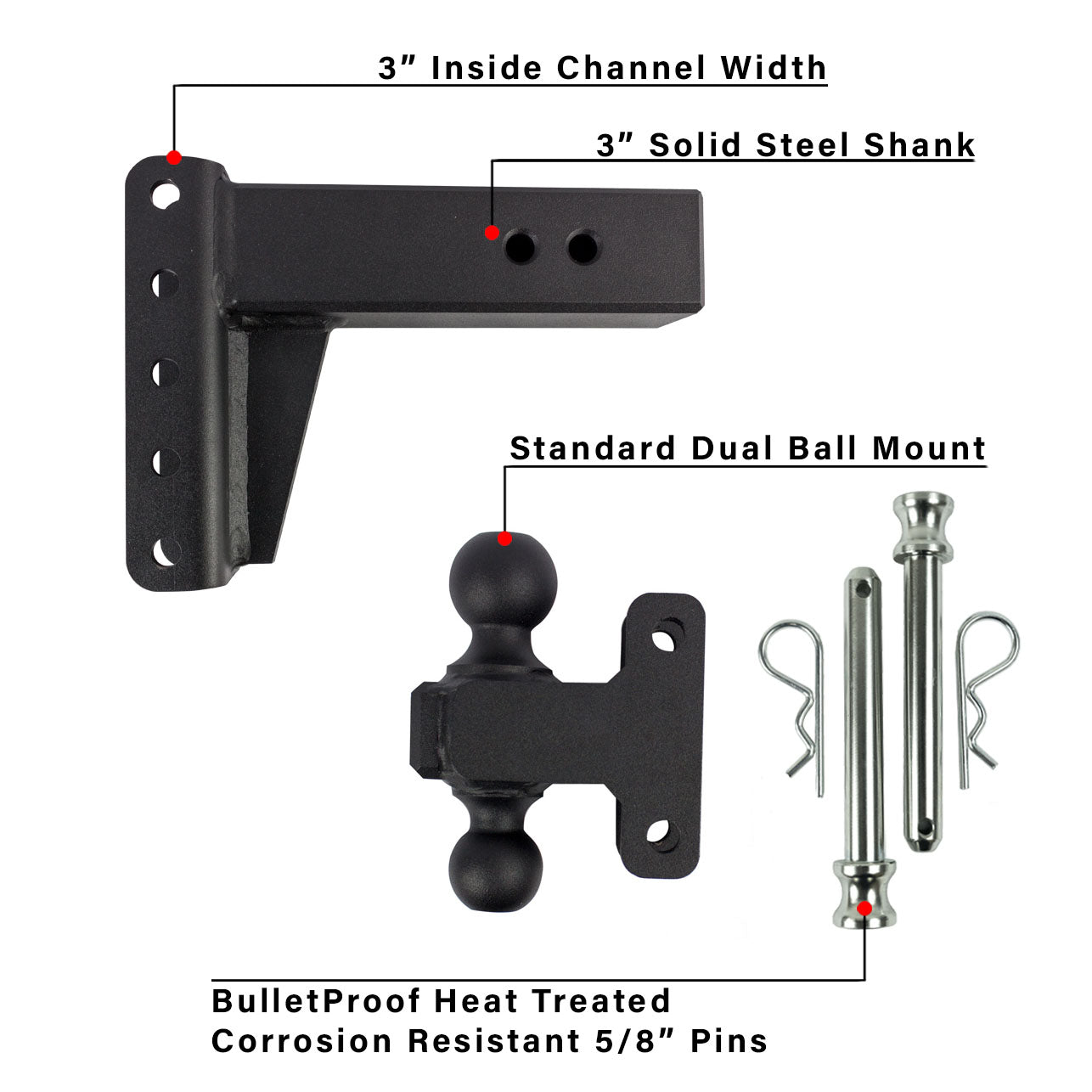 3.0" Heavy Duty Adjustable Trailer Hitch - 4" Drop/Rise